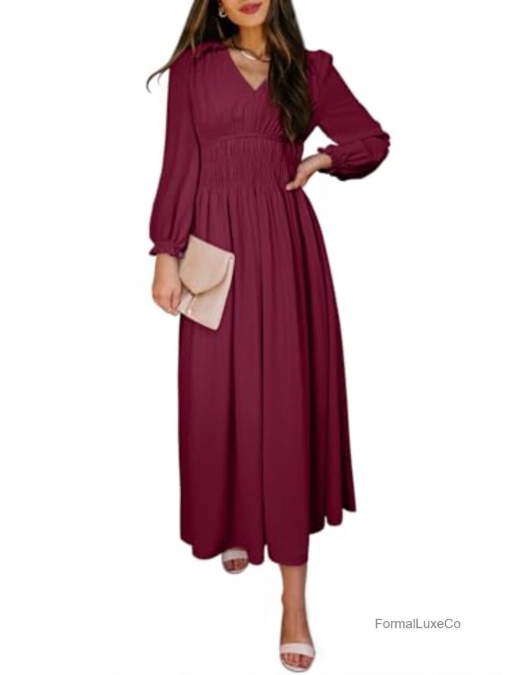 Women's Long Sleeve Tiered Midi Dress V Neck Ruffle Casual